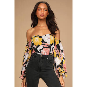 Lulus Bring The Blossom Black Floral Print Off-the-shoulder Bodysuit - Size S